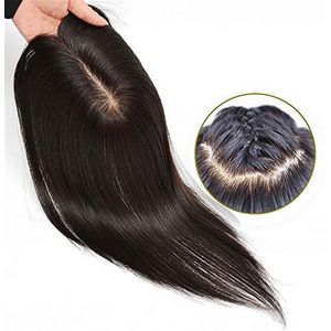 Rechte menselijk haar toppers met clips 7,6 x 12,7 cm zijden basis kroon topper haarstukken voor vrouwen met haaruitval, 20 cm zwart
