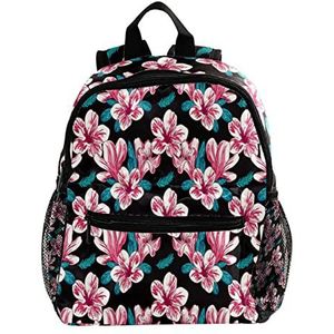 Leuke Mode Mini Rugzak Pack Tas Roze Bloemen Patroon Bladeren Zwart, Meerkleurig, 25.4x10x30 CM/10x4x12 in, Rugzak Rugzakken