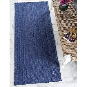 DecorAvenue Area Rugs Indiaas handgemaakt natuurlijk handgeweven gevlochten jute tapijt voor woonkamer slaapkamer (75 x 300 centimeter loper, marineblauw)