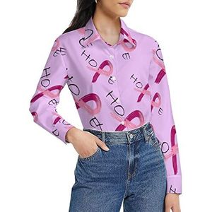 Roze lint - Borstkanker Awareness Damesshirt Lange Mouw Button Down Blouse Casual Werk Shirts Tops S