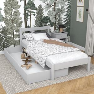 N-Wood N01 Eenpersoonsbed met lade massief houten 80x180, Enkel bed met lattenbodem, Bed voor kinderen, tieners en volwassenen, Afgeronde hoeken, Hoogwaardige en milieuvriendelijke lakken, Grijs