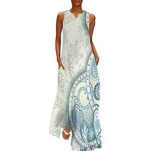 Abstracte blauwe bloemen dames enkellengte jurk slim fit mouwloze maxi-jurken casual zonnejurk S