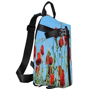 Sling Rugzak Borst Tas De Seaside Vuurtoren Anti Diefstal Crossbody Schoudertas Dagrugzak Outdoor Sport Reizen Wandelen voor Mannen Vrouwen, Klaprozen op blauwe hemel, Crossbody Backpack