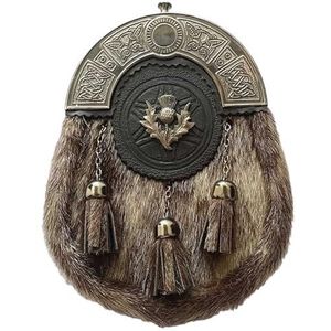 Volledige jurk Kilt Sporran - Keltische distelkuif Cantle met antieke afwerking - inclusief 3 kwastjes, verstelbare leren riem en ketting, Bruin, Eén maat