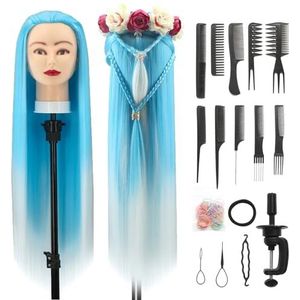 Trainingshoofd, 28 inch Kappershoofd 100% Synthetische Vezels Oefenhoofd, Training Hoofd Kappers opleiding hoofd met gratis klem en DIY vlechten Set (Blauw Wit)