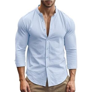 Heren shirt met korte mouwen heren shirts katoen linnen slim fit casual effen kleur basic stijl lente zomer ademende herenkleding voor vrije tijd, Blauw, 3XL