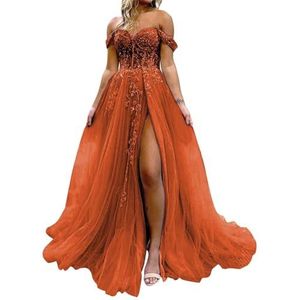 HPPEE Dames off-shoulder galajurken met split kant applicatie glitter tule formele jurk lange baljurk, Verbrand Oranje, 32