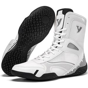 Hiuzylqx Boksschoenen voor heren, lichtgewicht, hoge fitnessworstellaarzen, ademend kickboksen voor sportschool, powerlifting, bodybuilding en training,Wit,39 EU