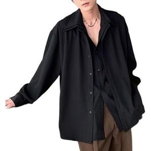 OHERUWKLS Heren Zomer Effen Kleur Business Casual Nep Tweedelig Shirt Met Lange Mouw,zwart,L