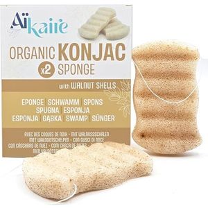 Exfoliërende biologische Konjac-spons met gebroken walnootschalen voor het lichaam | 2 stuks lichaamsspons | Natuurlijke reinigende groentespons | Zachte exfoliatie & diepe reiniging