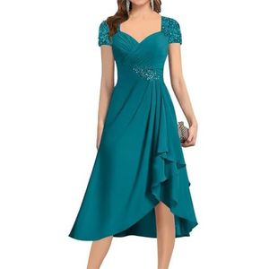 KIYNE Damesjurk met lange mouwen en ruches voor dames, korte formele avondjurk, feestjurk, Turkoois, 34