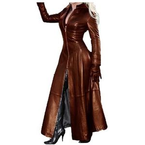Lange Trenchcoat For Dames, Zwart Lente Herfst, Kunstleer, Windjack, Gothic Lederen jas Jas van synthetisch leer (Color : Brown, Size : XL)