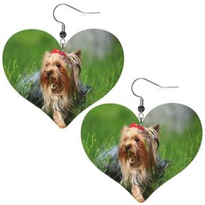 Lederen oorbellen, faux lederen hart oorbellen metallic druppel oorbellen voor vrouwen meisjes, Yorkshire Terrier gazon schattige honden Ummer rode strik, Eén maat, Pu Kunstleer