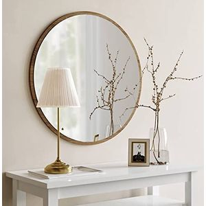 Gozos Moderne industriële spiegel Obejo, walnoot - ronde wandspiegel met houten onderkant en inclusief montagemateriaal - afmetingen 45 x 45 x 2,2 cm - ronde spiegel ideaal als decoratief object