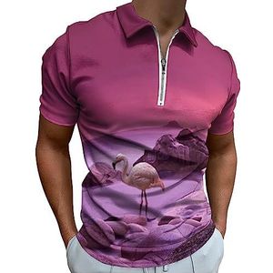 Roze flamingo vogels paars landschap poloshirt voor mannen casual rits kraag T-shirts golf tops slim fit