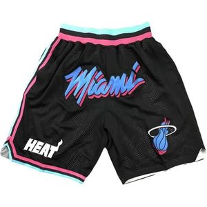 Mengmiao Miami Heat Basketbalshorts voor heren, NBA sportshorts, ademend en sneldrogend, met zakken met ritssluiting, losse pasvorm, shorts voor training en outdoor, Zwart#1, S