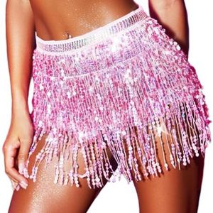 Ushiny Sparkle Pailletten Fringe Mini Rokken Sparkly Tassel Rave Kostuum Feestvial Shorts voor Dames, roze, M