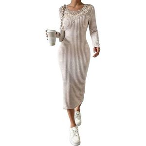 jurken voor dames Effen contrasterende kanten geribde gebreide bodycon-jurk - Elegante knielange slim-fit jurk met lange mouwen (Color : Apricot, Size : Small)