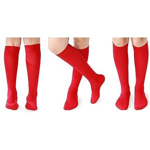 5 paar dames/meisjes katoenen kniekousen extra lange gladde dijgreep gebreide kousen UK 4-6,5, Rood, 37-39.5 EU