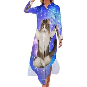 Yoga Space Cat3 Maxi-jurk voor dames, lange mouwen, knoopjurk, casual feestjurk, lange jurk, 2XL