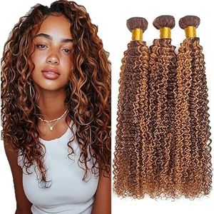 Tuheerst Curly Wave Human Hair Bundles P430 Highlight Brown Real Hair Human Hair Extensions Sew in Hair Extension 3 Bundles Double Weft Remy Hair Low Shedding for Woman 32 32 32 Inch
