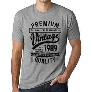 Heren Grafisch T-Shirt – Original Parts (Mostly) Aged to Perfection 1989 – Cadeau voor 35ste Verjaardag 35e Jubileum 35-jarige Man Vintage 35 Jaar 1989 Korte Mouw Grappig Grijze Mergel S