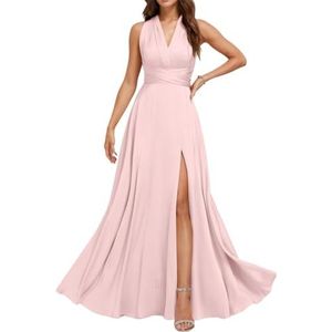 Chiffon bruidsmeisjesjurken voor dames, met split, lange baljurken, cocktailjurken, grote maten, Blush Roze, 32