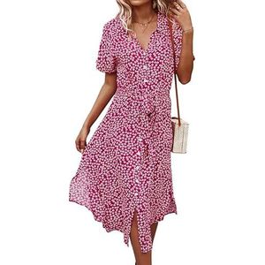 WLLDDDIU Dames Boho bloemenprint korte mouwen strandjurken elegante V hals overhemdjurk met knopen en riem Informeel zwierig A lijn zomer splitjurk wikkelfeest cocktailjurken XS rood