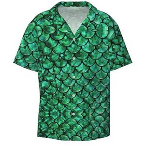 OdDdot Groene visschubben print heren button down shirt korte mouw casual shirt voor mannen zomer business casual overhemd, Zwart, XXL