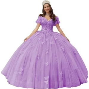 Fuomomo Quinceanera MT052 Jurk met vlinderapplicaties van kant, 3D, glanzend, baljurk, schoudervrij, voor snoep, 15 en 16, verjaardagsjurk van tule, wisteria, 38