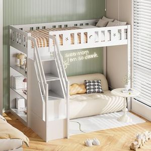 BXEYXE Hoogslaper 90 x 200 cm, met opbergladder en planken, eenpersoonshouten bed, jeugdbed, kinderbed, massief houten frame, wit