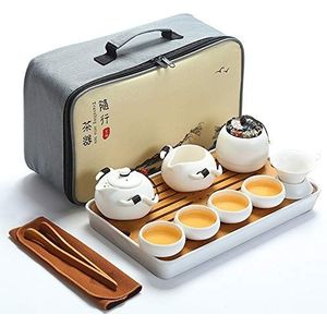 fanquare Kung Fu Theeservies voor op reis, handgemaakte Kungfu theeset, porseleinen theepot, theekopjes, bamboe theedienblad met een draagbare reistas, wit