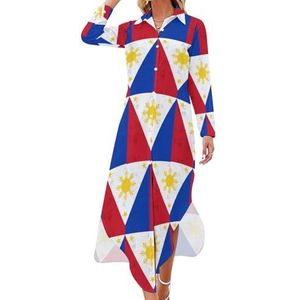Retro Filippijnen vlag vrouwen maxi-jurk lange mouw knoop shirt jurk casual feest lange jurken S