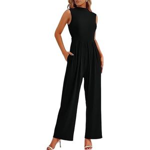 Haibang Jumpsuit voor dames, elegant, ronde hals, eendelig en zomerromper, mouwloos, lange rompers met wijde pijpen, ceremonie, cocktail, overall, casual, playsuit, mode, rompers met zakken, Zwart, S