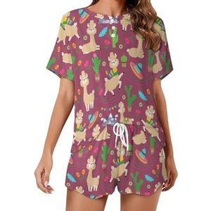 Lama Alpaca Cactus Bloemen Zachte Dames Pyjama Korte Mouw Pyjama Loungewear met Zakken Gift voor Thuis Strand XL