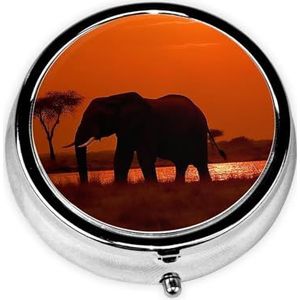 Pillendoosje met spiegel, retro pillendoosje met 3 vakken, zonsondergang, Afrikaanse olifant, kleine pillenorganizer voor portemonnee of zak, decoratieve metalen medicijnen, vitamine-organizer, unieke