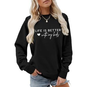 Life Is Better with My Kids sweatshirt voor vrouwen grappige liefde hart print shirts lange mouw jas tops (XL, zwart), Zwart, XL