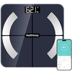 Healthkeep Personenweegschaal, slimme weegschaal, bluetooth, impedantiemeter, personenweegschaal, hoge precisie, met 13 analyses van de lichaamssamenstelling, app inbegrepen, capaciteit 180 kg/400 lb,