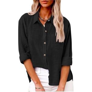 Dames katoenen linnen button-down overhemd 2024 lente casual effen kleur shirts met lange mouwen losse werktops met zakken(Color:Black,Size:4XL)