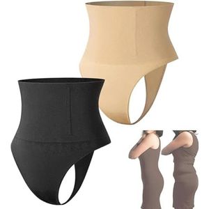 Luxelyra Tummy Control Thong, Shapewear voor buikcontrole, ultradun, figuurcorrigerende string voor dames, Zwart+beige, M