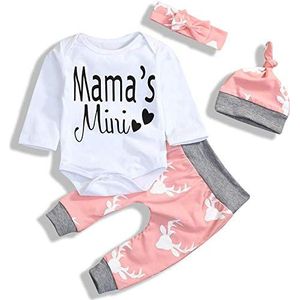 Juflam Pasgeboren baby meisjes kleding mama spreuken mama mini rompertje top broek outfit set met hoofdband, wit en roze, 6-12 Maanden