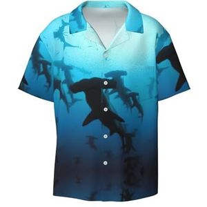 TyEdee Hammerhead Sharks Print Overhemden met korte mouwen voor heren, met zak, casual overhemd met knopen, zakelijk overhemd, Zwart, 4XL