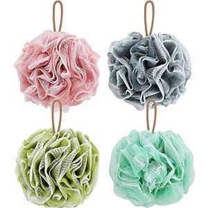 Douche loofah badspons, natuurlijke loofahs body scrubber bal voor vrouwen mannen kinderen, exfoliërende baden douchespons groot pak van 4 (70 g/stuks)