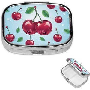 Pillendoosje met spiegel, retro pillendoosje met 2 vakken, kersen, kleine pillenorganizer voor portemonnee of zak, decoratieve metalen medicijnen, vitamine-organizer, unieke geschenken