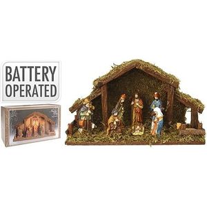 Home&Style 463310 Kerststal 39 x 22,5 cm met 8 houten figuren en verlichting, werkt op batterijen