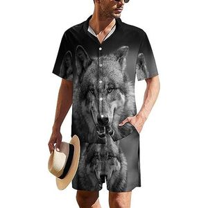 Enge donkergrijze wolf Hawaiiaanse pak voor heren, set van 2 stuks, strandoutfit met korte mouwen en korte mouwen, bijpassende set