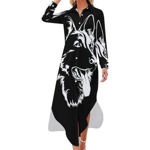 Zwarte Duitse Herder Maxi-jurk voor dames, lange mouwen, overhemd met knopen, casual feest, lange jurken, M