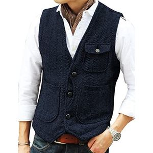Heren Jurk Vest Pak Casual Wol Tweed Visgraat Vest voor Groomsman, Donkerblauw, M