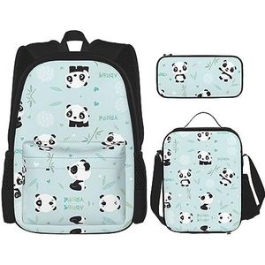 KoNsev Print Rugzak 3 Stks Set Reizen Wandelen Lichtgewicht Laptop Etui Geïsoleerde Lunch Tas voor Vrouwen, Palmboom Blad, Panda Bamboe, Eén maat