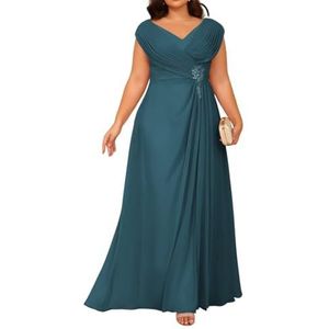 Dames chiffon moeder van de bruid jurk voor bruiloft ruches galajurken cocktailjurk plus size, Turkoois, 32